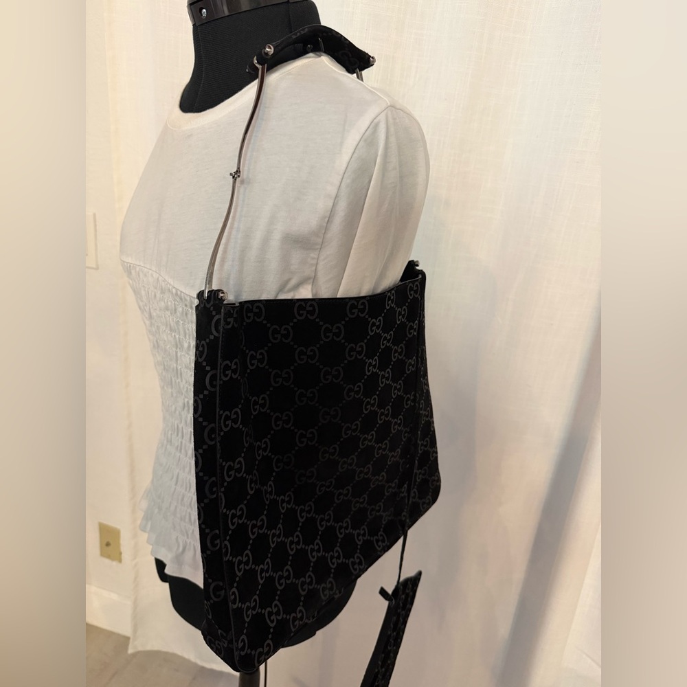 RARE Vintage Gucci Black Suede Monogram Metal Horsebit Strap Hobo Bag - Picture 6 of 17